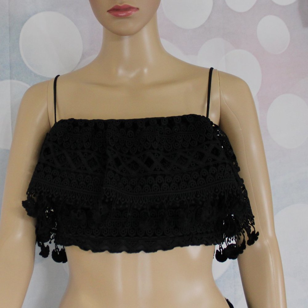 Bebe Tasseled Lace Flounce Crop Top